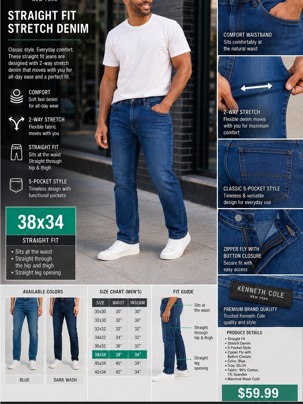 Kenneth Cole New York Straight Fit Stretch Jeans - Blue